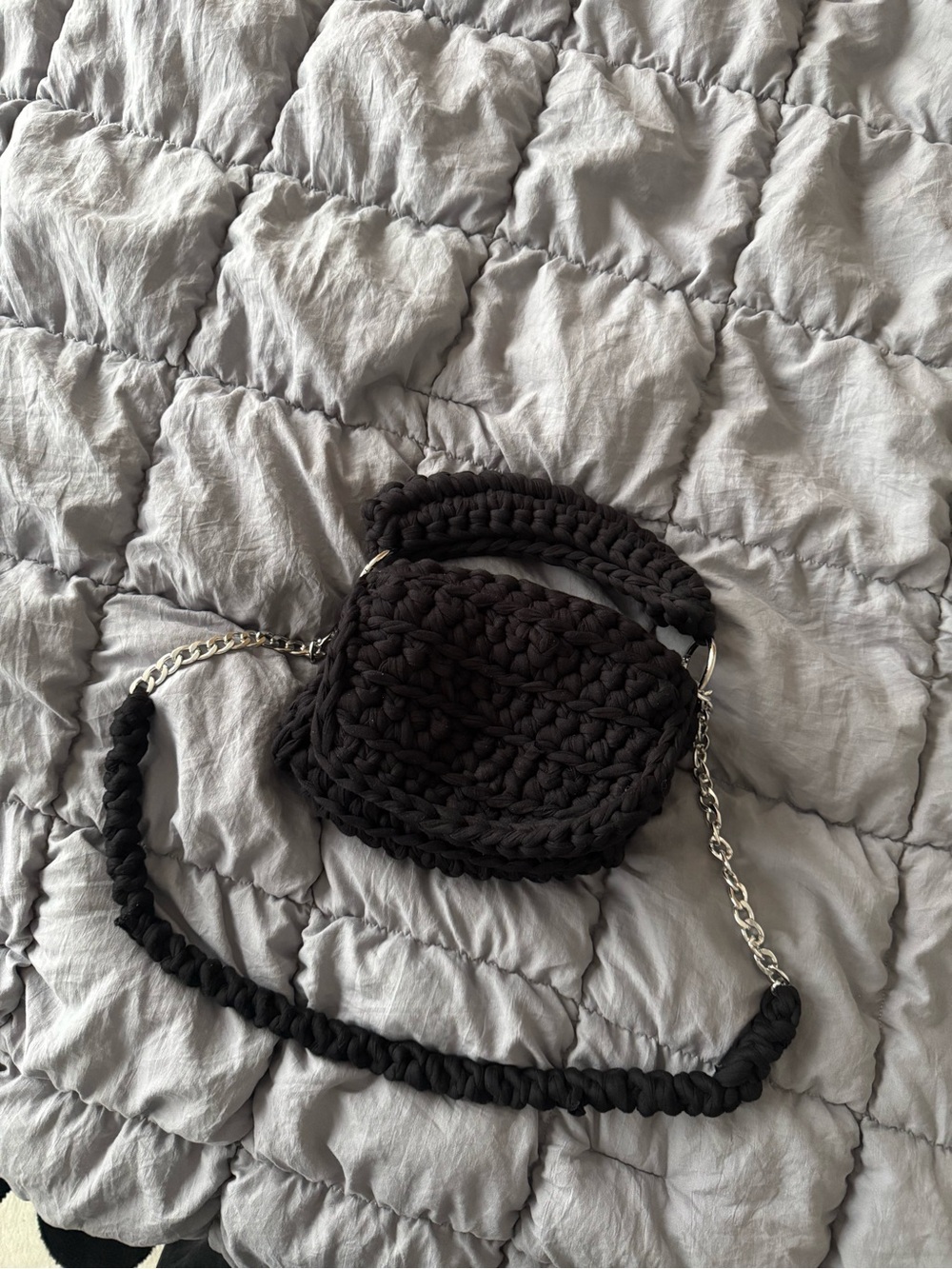 Handmade Black Crochet Crossbody Bag with Chain Detail